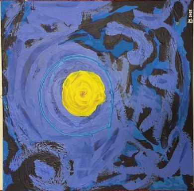 abstrakte Darstellung von Sonne und Planeten in blau und gelb
